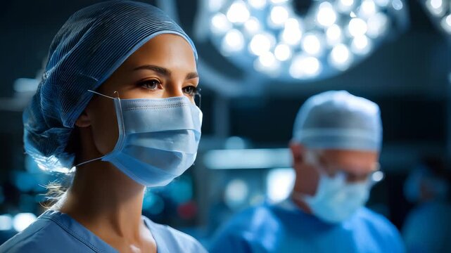 A skilled female surgeon prepares for surgery in a state of the art hospital operating room, illuminated by surgical lights. Medical teamwork and precision define the sterile environment