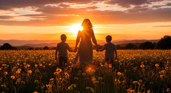 mother and children walking in golden sunflower field at sunset for mothers day celebration