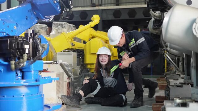 Factory workers in distress after industrial accident with robotic arms