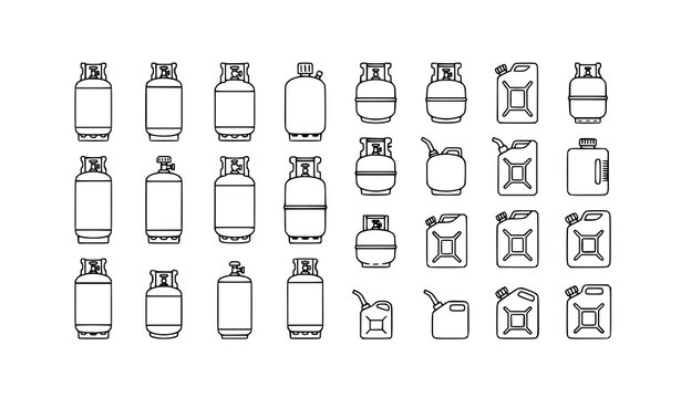 Gas tank and propane cylinder line icon set fuel canister LPG storage outline symbols vector isolated