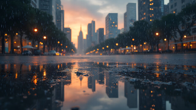 Puddle Reflection of Skyline. Digital Rain made of Hashtags. Ultra Realistic Cityscape Art. Beautiful Night Scenes with Light Effects.