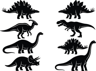 Collection of dinosaur silhouette illustrations including Tyrannosaurus, Stegosaurus, Triceratops, and Brachiosaurus for education and design projects © MdMir