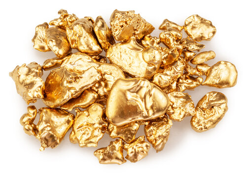 Pieces of yellow gold nuggets isolated on white background, clipping paths.