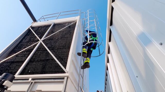 Industrial worker climbs ladder on cooling tower maintenance