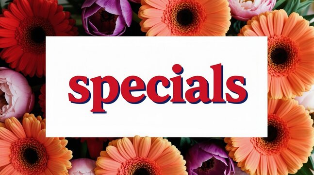 White card with red text specials on colorful flowers. Florist offer. Spring sale announcement. Flower shop discount header. Event promotion graphic.