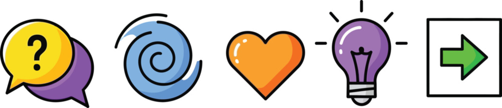 Colorful Icons: Question, Swirl, Heart, Lightbulb, Arrow - Ideas, Communication, Love, Progress