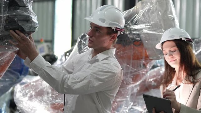 Warehouse workers in hard hats inspecting packaged goods with a tablet