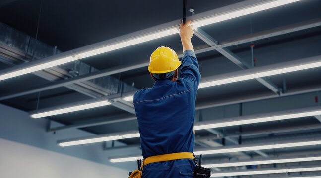 Worker installs ceiling lights in commercial space. Man in blue uniform, yellow helmet works overhead on modern lighting grid. Technician performs electrical maintenance on industrial building