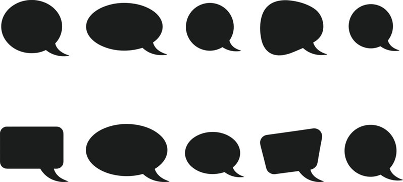 Collection of black speech bubble silhouettes in various shapes for comic dialogue, communication, and graphic design projects