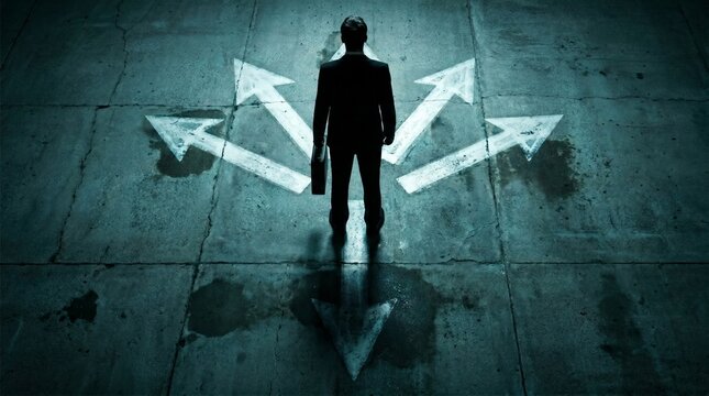 Man in suit standing at crossroads with multiple arrows on dark concrete floor representing career path choice opportunity Business decision and strategy concept