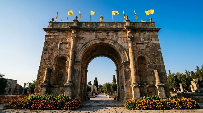 Ancient stone archway with yellow flags and orange flowers in a historic setting