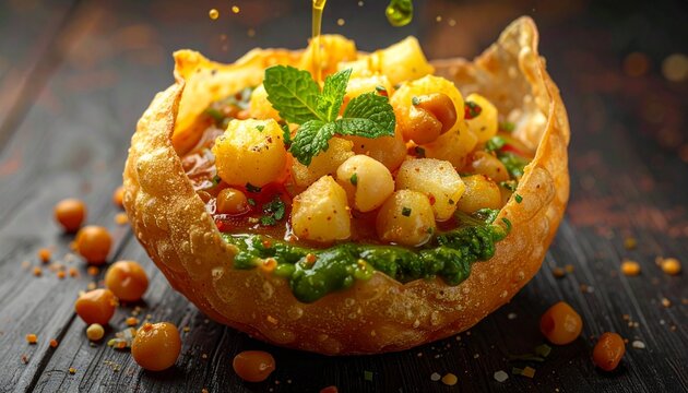Close-up of indian appetizer chaat being drizzled with sauce indian food street food photography dark background snack time appetizer refreshing chickpeas