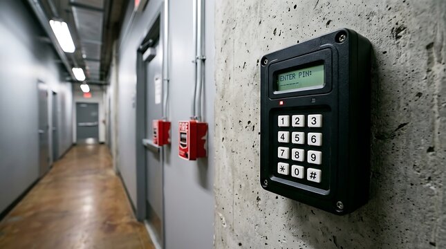 Digital keypad entry system on a concrete wall in a modern office hallway