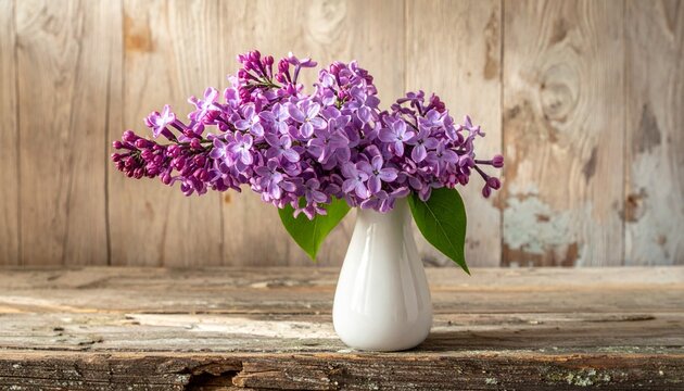 Purple lilac blossoms in a white vase on a weathered wooden surface with flower arrangement cut flower home decor still life fragrant botanical horticulture fragrance