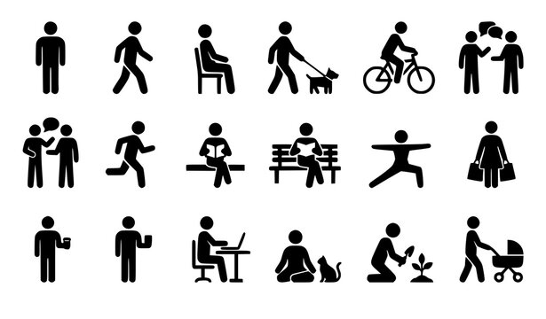 People silhouettes with animals and bicycles vector set showing lifestyle poses walking running and daily activities