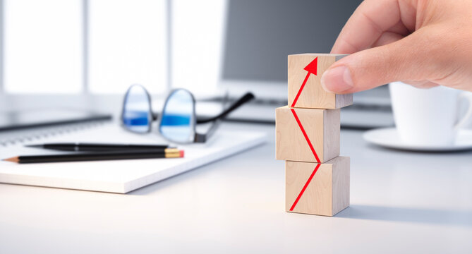 Hand placing dice with red arrow symbol on desk on other stacked dices - 3d illustration at desktop scene with laptop an desk accessories	