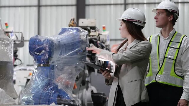 Factory workers inspect new robotic arm machinery covered in protective plastic wrap