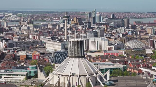 Aerial view of Liverpool Metropolitan Cathedral and the city centre skyline, Merseyside, England