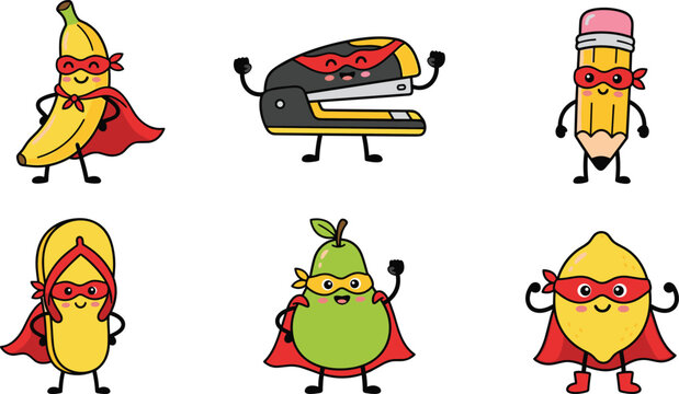 Cute Superhero Food Characters Vector Set Featuring Banana Pencil Avocado Lemon and Stapler Cartoon Mascots with Masks and Capes for Kids Design