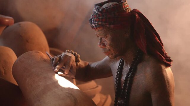 Elderly Potter at Work: An elderly man, with a weathered face and a traditional headscarf, meticulously shapes clay on a potter's wheel, illuminated by soft, dusty light. His hands.