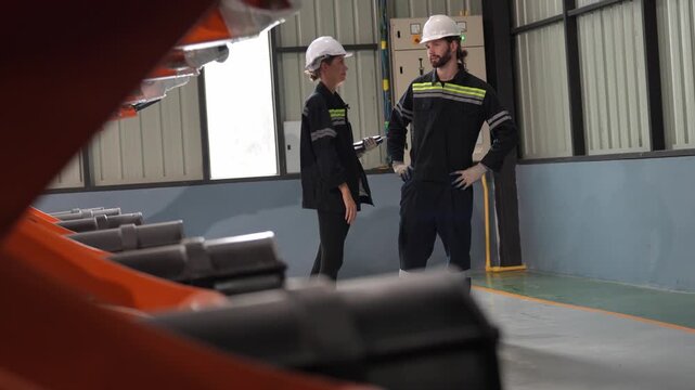 Two workers discussing operations in an industrial setting