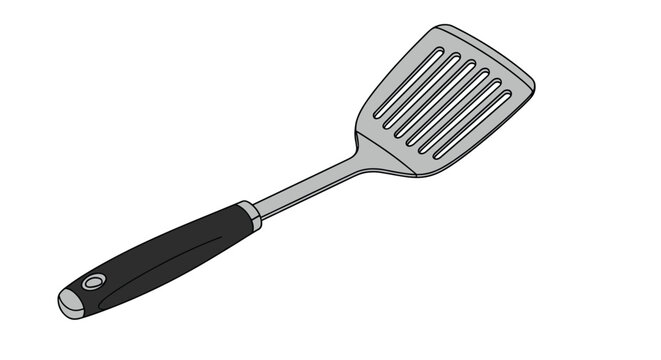 Classic kitchen metal spatula with slotted turner and black ergonomic handle, essential tool for cooking and flipping food in pan.