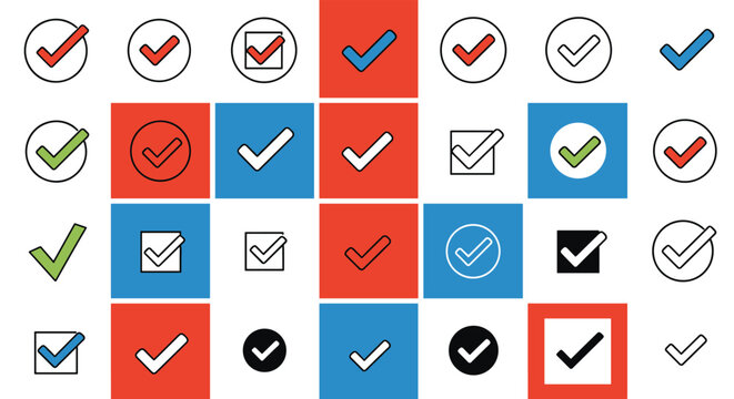 Pattern of various check mark icons in different colors and shapes, representing concepts of success, completion, and task management.