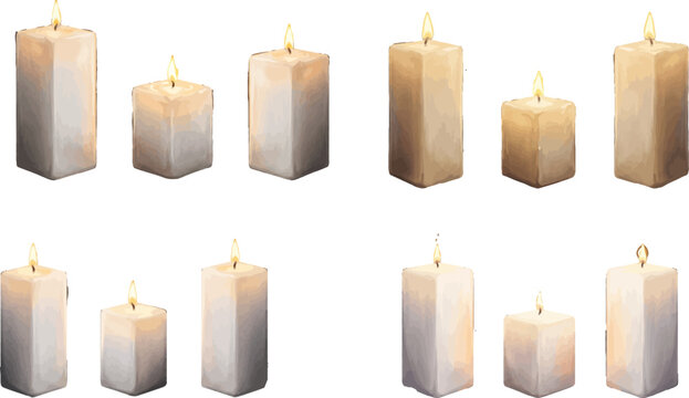 Set of realistic white paraffin wax pillar candles with glowing orange flames for meditation