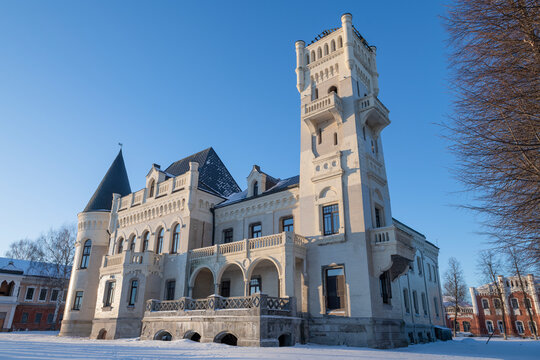 The ancient castle of merchant Ponizovkin in close-up on a January day. Krasny Profintern, Yaroslavl region. Russia