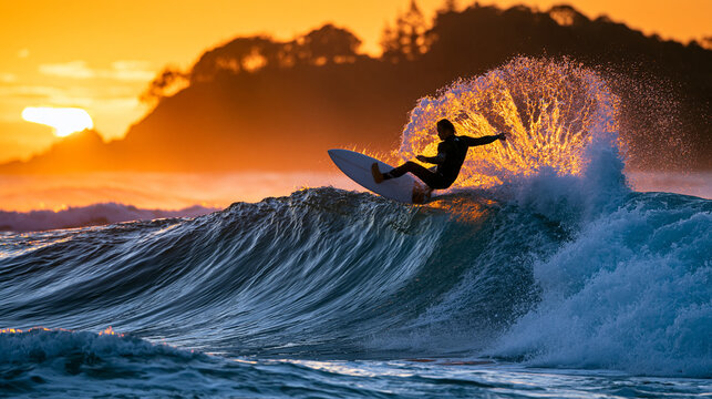 A surfer launches an aerial reverse above a glassy wave at first light, no one else in the water, tropical headland silhouetted in the background, pure freedom in the suspended moment, ideal for ext