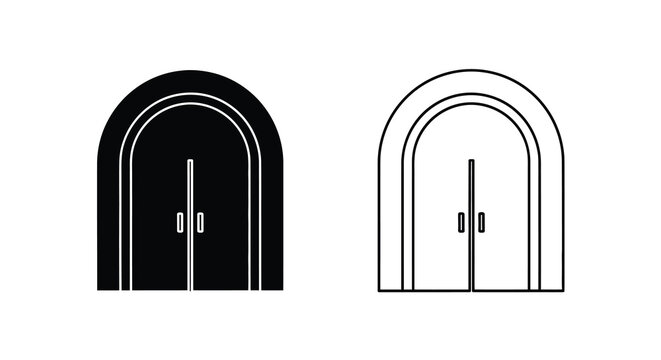 Arched doorway silhouette with double doors black and white