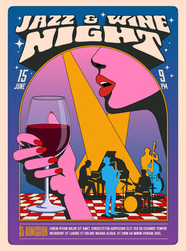 Retro jazz and wine night concert poster template 
with singer and jazz band silhouettes. Vintage groovy vector illustration.