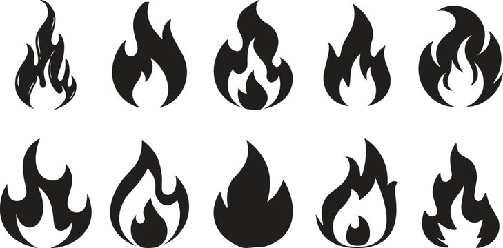 Fire icon set collection group blazing flame burn heat energy spark ignite danger hazard hot temperature wildfire inferno campfire torch symbol graphic design element isolated vector.