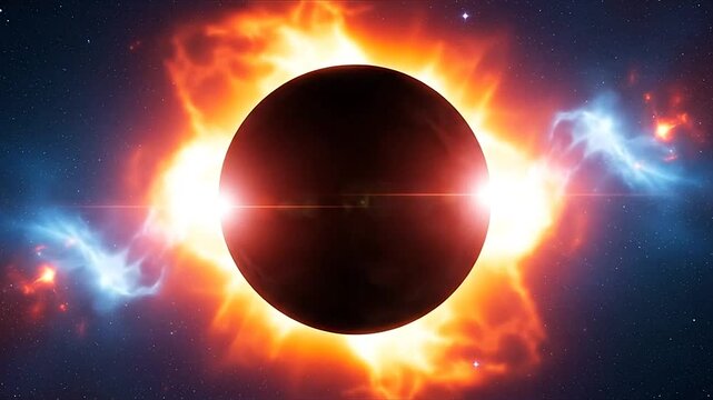 Total solar eclipse with glowing solar flares in space background
