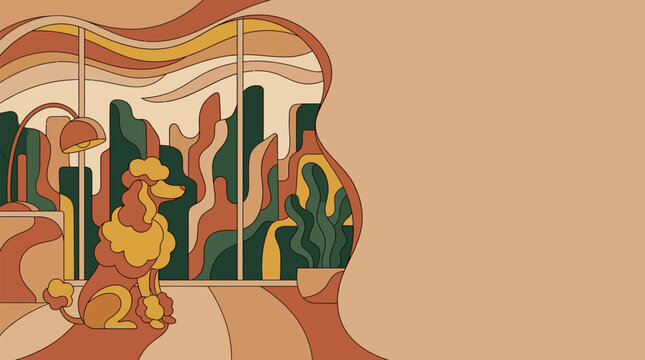 A stylized illustration of a poodle sitting by a window with abstract plants and a lamp.