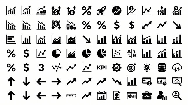 Business icons display various financial and productivity symbols on a screen.