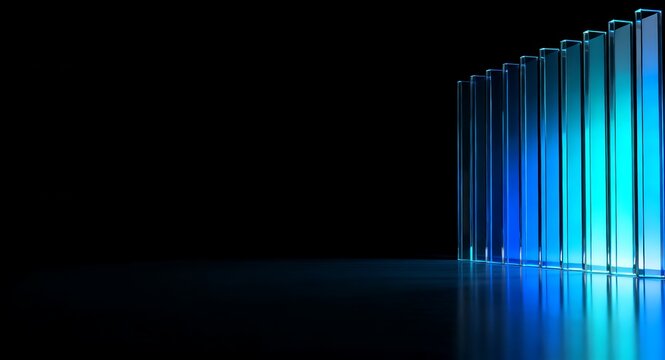 Black dark abstract background. narrow glass rays Vertical glass prism bars with neon blue glow. 3D render. Metallic reflective surface with luminous gradient light reflection. Iridescent glass 