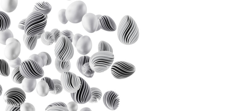 An abstract 3D rendering of egg-shaped objects with unique striped texture, set against a pristine white backdrop. This
