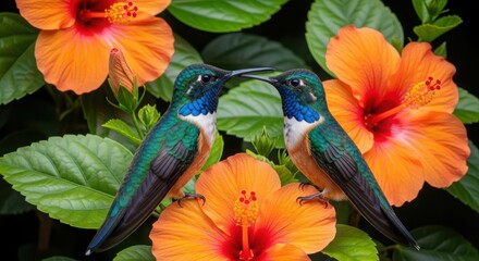Obraz premium Two Green and Blue Hummingbirds with Orange Hibiscus Flowers and Green Leaves