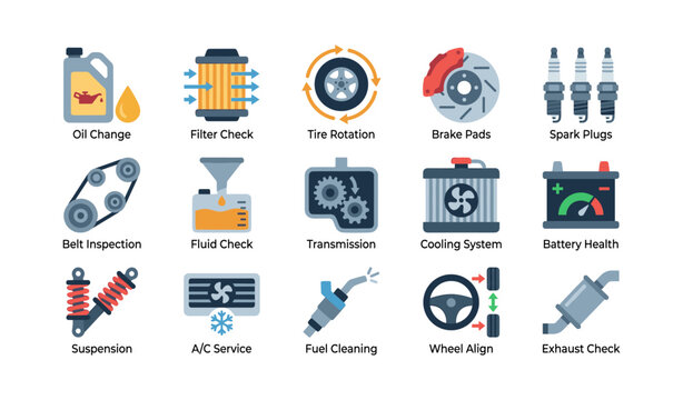Automotive maintenance icons showing service tasks on white background