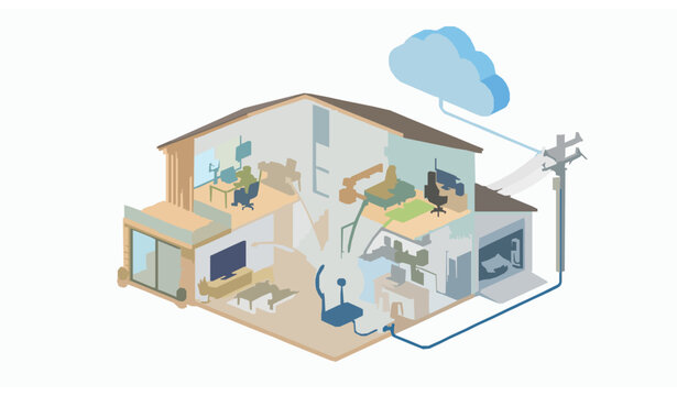 Isometric home broadband internet connection with smart devices wifi router and fiber cable technology vector illustration