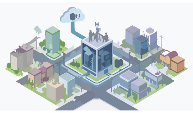 Isometric broadband internet provider city network with fiber optic system and data server infrastructure vector illustration