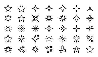 Obraz premium Minimal star and sparkle icon set with geometric shine symbols in clean outline style for ui and web vector illustration