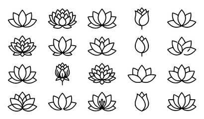 Naklejka premium Minimal lotus flower icon set with elegant outline petals in simple modern style for spa yoga and wellness vector illustration