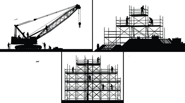 Construction workers silhouette set with crane scaffolding building activity industrial scene isolated black figures collection