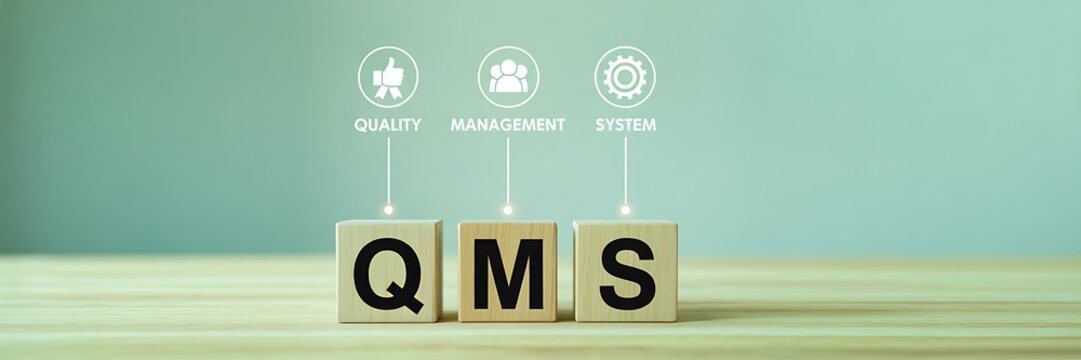 Quality management system concept with qms blocks and business process icons