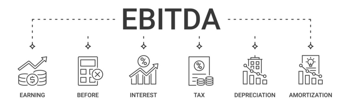 EBITDA icon set banner containing earning before interest, tax, depreciation and amortization vector icons