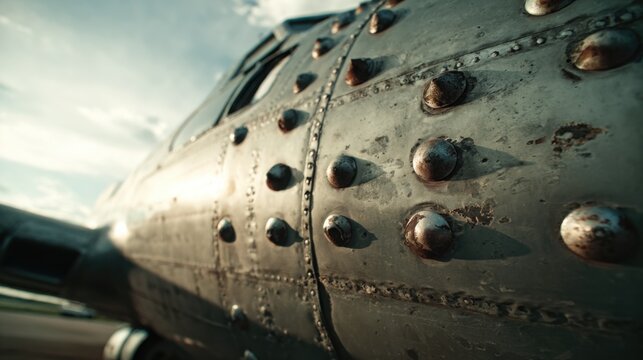 Detailed view of weathered, riveted seams on an older aircraft's metallic fuselage