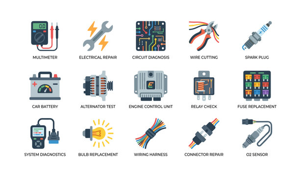 Automotive electrical icons of diagnostic tools on white