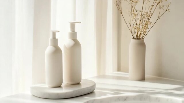 Shampoo bottles are placed on a marble stand in a bright room. A simple vase with dried flowers adds detail to the setup. Sunlight shines through the window, enhancing the display